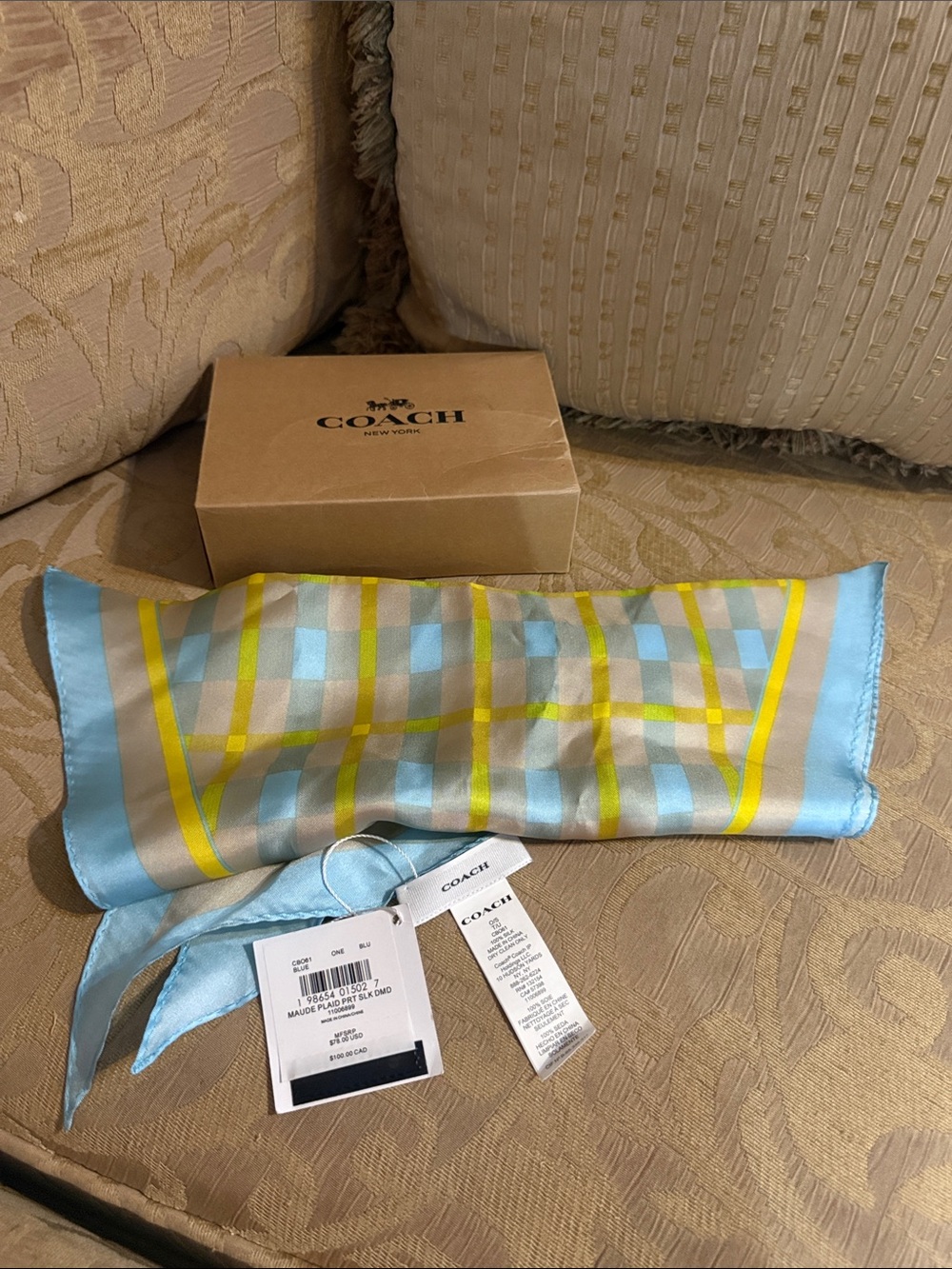 Coach Maude Plaid Print Silk Diamond Scarf NWT